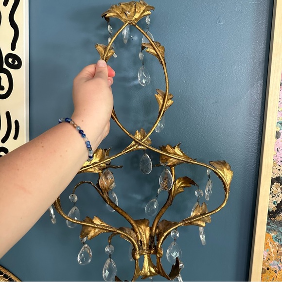 French Empire Style Gilt Metal 2 Candle Wall Sconce with Crystal Teardrops - Picture 9 of 11